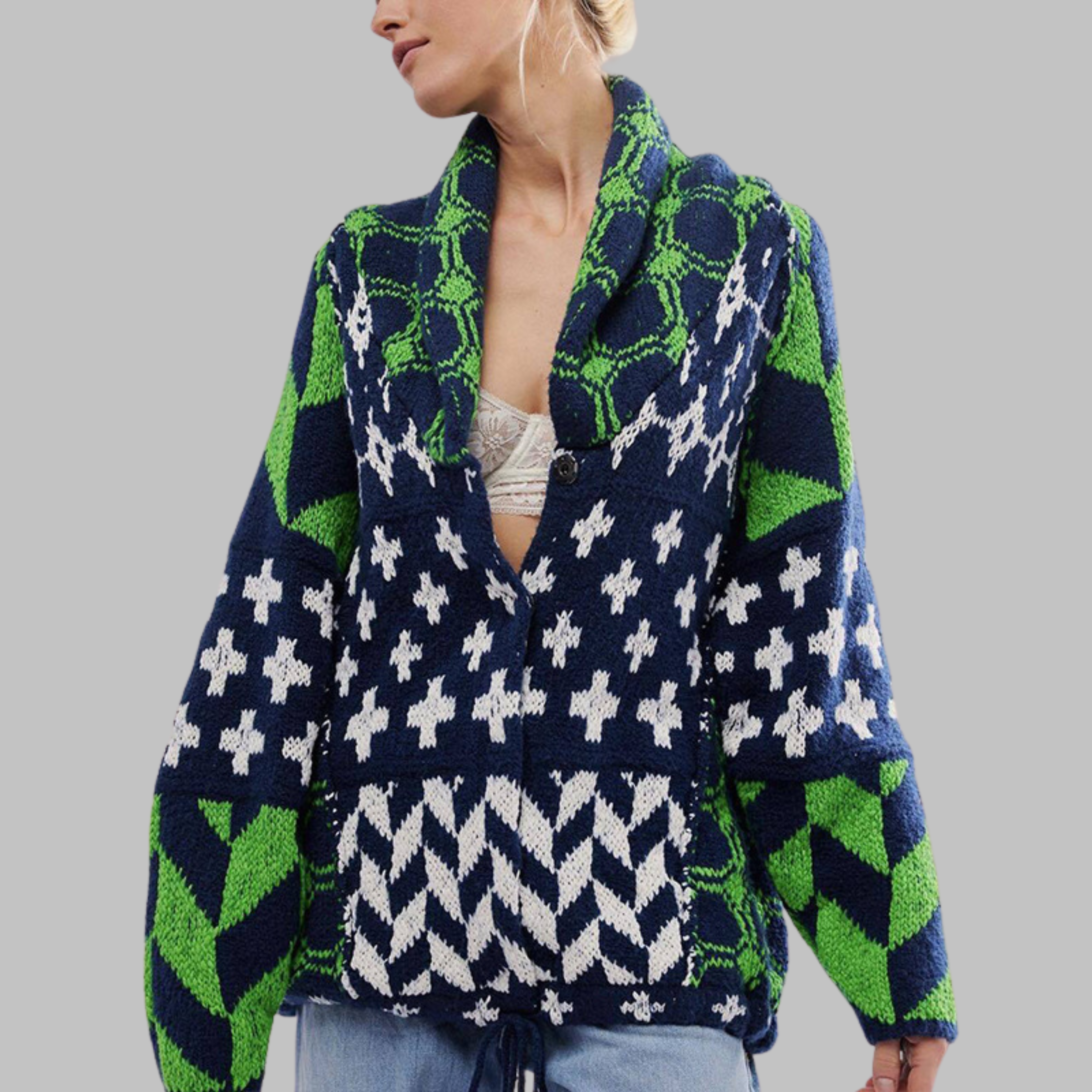 ESTERA | VINTAGE OVERSIZE CARDIGAN S GOMBÍKMI, DLOUHÝMI RUKÁVMI A KOŠEĽOVÝM GOLIEROM